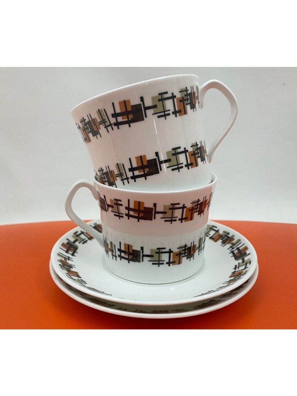 Vintage 1960s cups and saucers set, Queen Anne Bone China, geometric pattern,